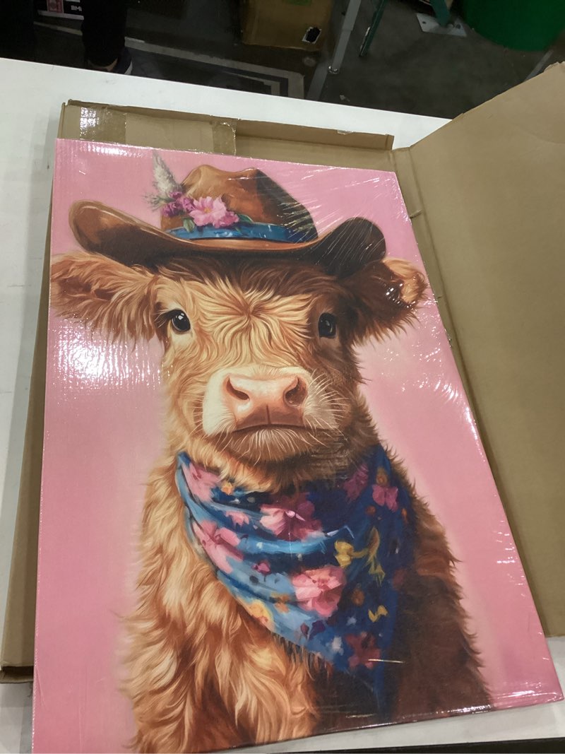 Cute Highland Cow Baby Canvas Wall Art Cowboy Baby Calf Pink Western Wall Decor Picture Trendy Prepp