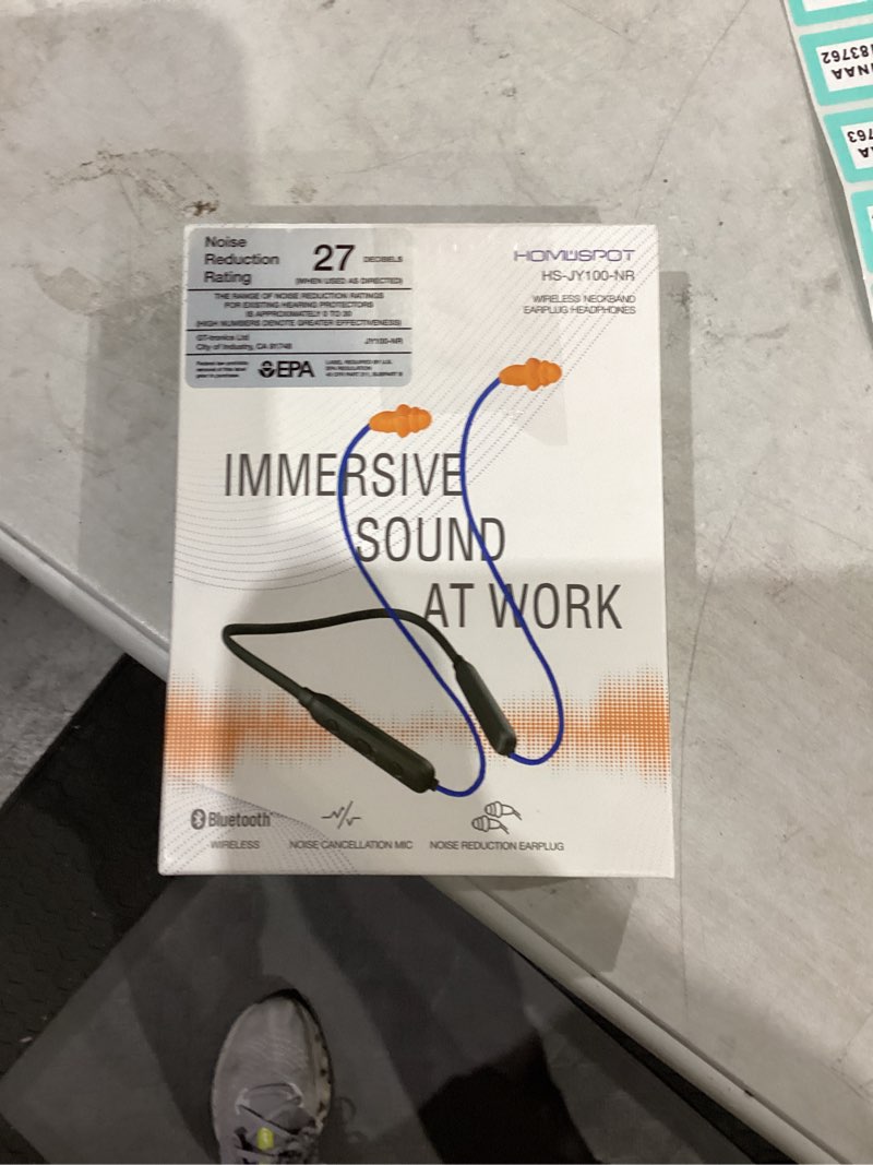 Condition photo showing New/Like New for HomeSpot Noise Reduction Wireless Neckband Headphones with Qualcomm aptX HD, 27dB NRR, CVC Noise Cancelling Mic & Controls and 20H Playtime for Work Safety OSHA Compliant (Blue with Blue)