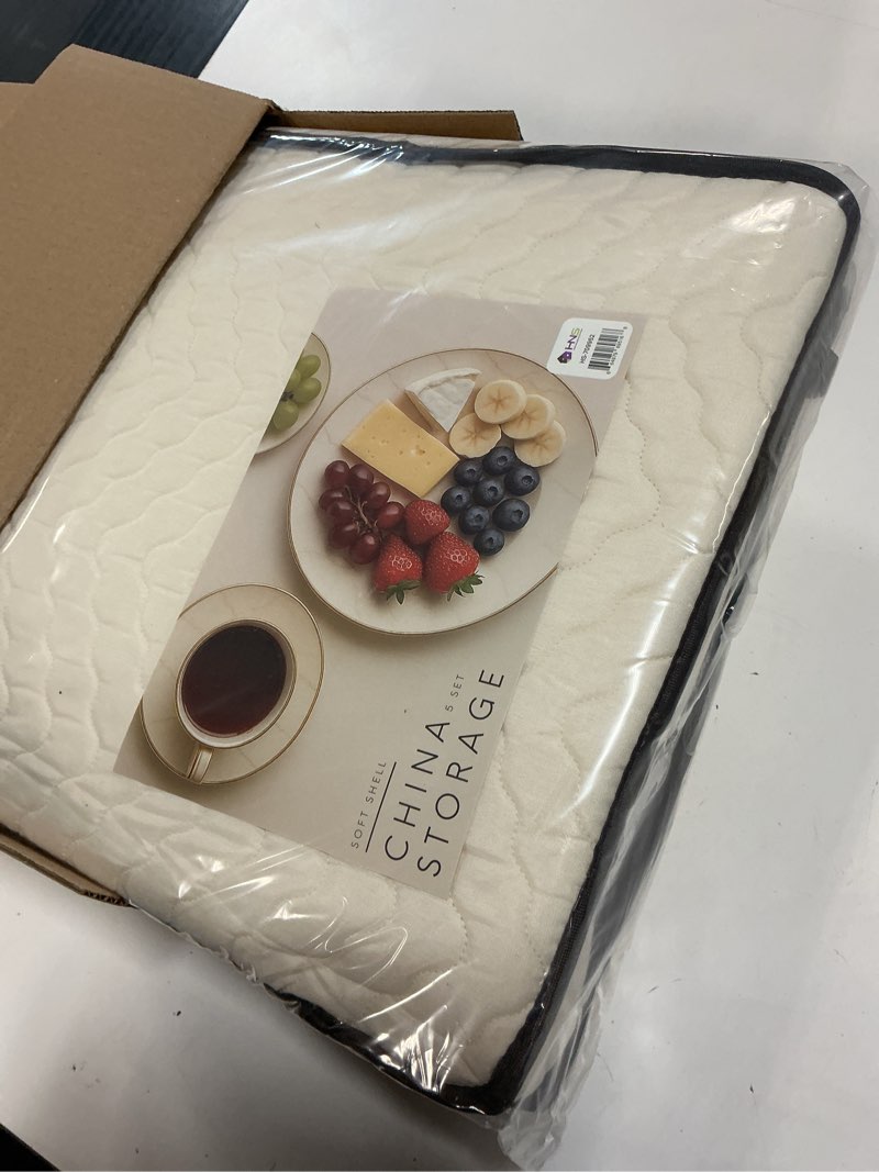Condition photo showing New/Like New for china storage containers 5-piece set moving boxes for dinnerware, glasses, plates, mugs and saucers sturdy quilted microfiber dish organizer with dividers for seasonal storage - holds set of 12 beige 5 piece storage set