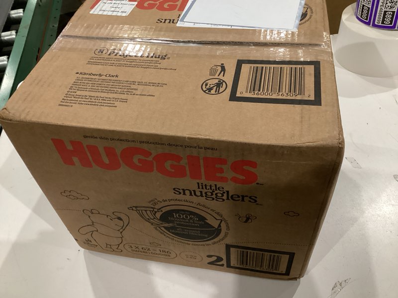Condition photo showing New/Like New for huggies size 2 diapers, little snugglers baby diapers, size 2 (12-18 lbs), 186 count (3 packs of 62), packaging may vary