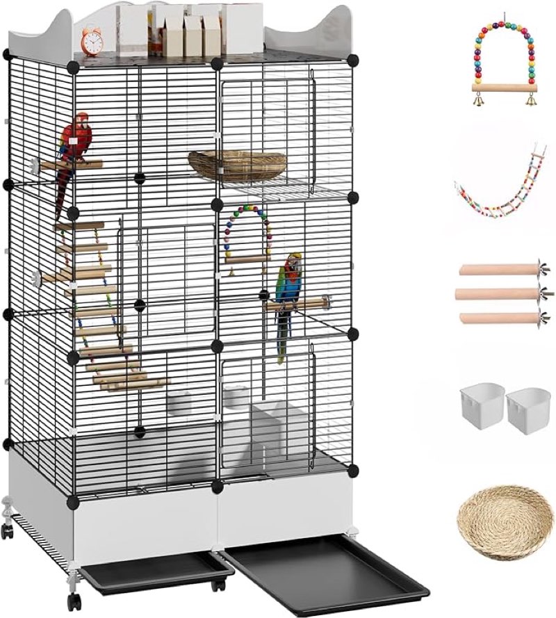 encrypted bird cage large bird cages 57-inch, top storage space, bottom splash guard with essential bird supplies – durable & spacious aviary – budgies & cockatiels