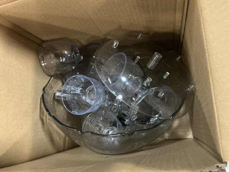 Condition photo showing As Is for nostalgia lpf230 3-tier lighted party fountain, holds 1.5 gallons, led lighted base, includes 8 reusable cups deluxe party fountain