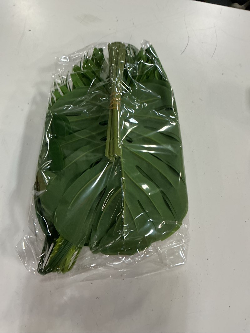 Condition photo showing New/Like New for cindeer 24 pcs artificial palm leaves 3 kinds large faux monstera leaf greenery stems safari jungle leaves for hawaiian christmas easter party table wedding decorations small fresh style