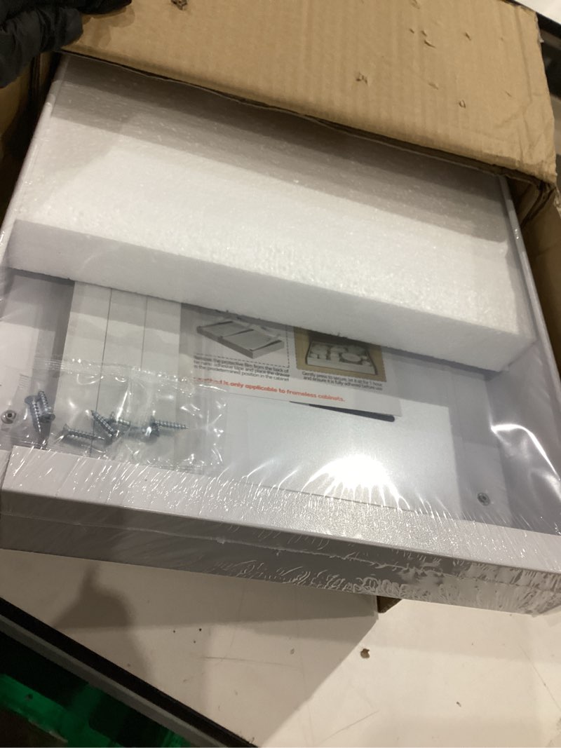 Condition photo showing Good Condition for 4 pack expandable pull out cabinet organizer 21"deep with raising pad for framed cabinets,upgrade 3 slide rails slide out drawers,no drill roll out shelves,adjustable width 12.1"-20.4" white