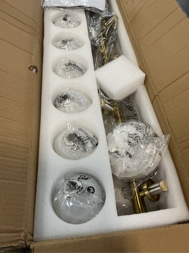Condition photo showing New/Like New for mid century modern globe sputnik chandelier, 9-light linear chandeliers for dining room and kitchen island, dining light fixture over table, brass gold and milk white glass bubble, 40 inch gold milk white 9-light 40 inch