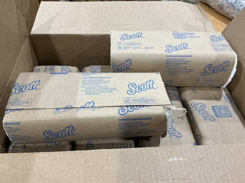 Condition photo showing As Is for scott® professional universal multifold paper towels, bulk (01840), absorbency pockets, 9.2\" x 9.4\" sheets, standard tier, compressed, white (250 sheets/pack, 14 packs/case, 4,000 sheets/case) 250 count (pack of 16)