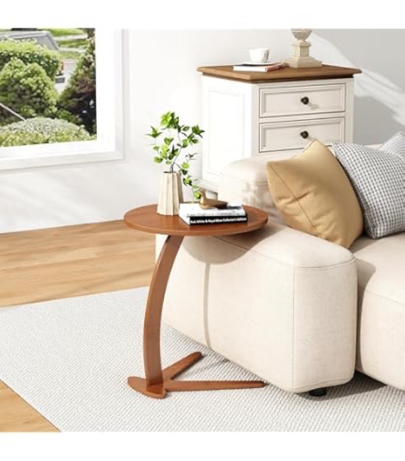 FIDOOM C Shaped End Table, Small Round Side Table for Couch, Slide Under Sofa Tray Desk for Living R