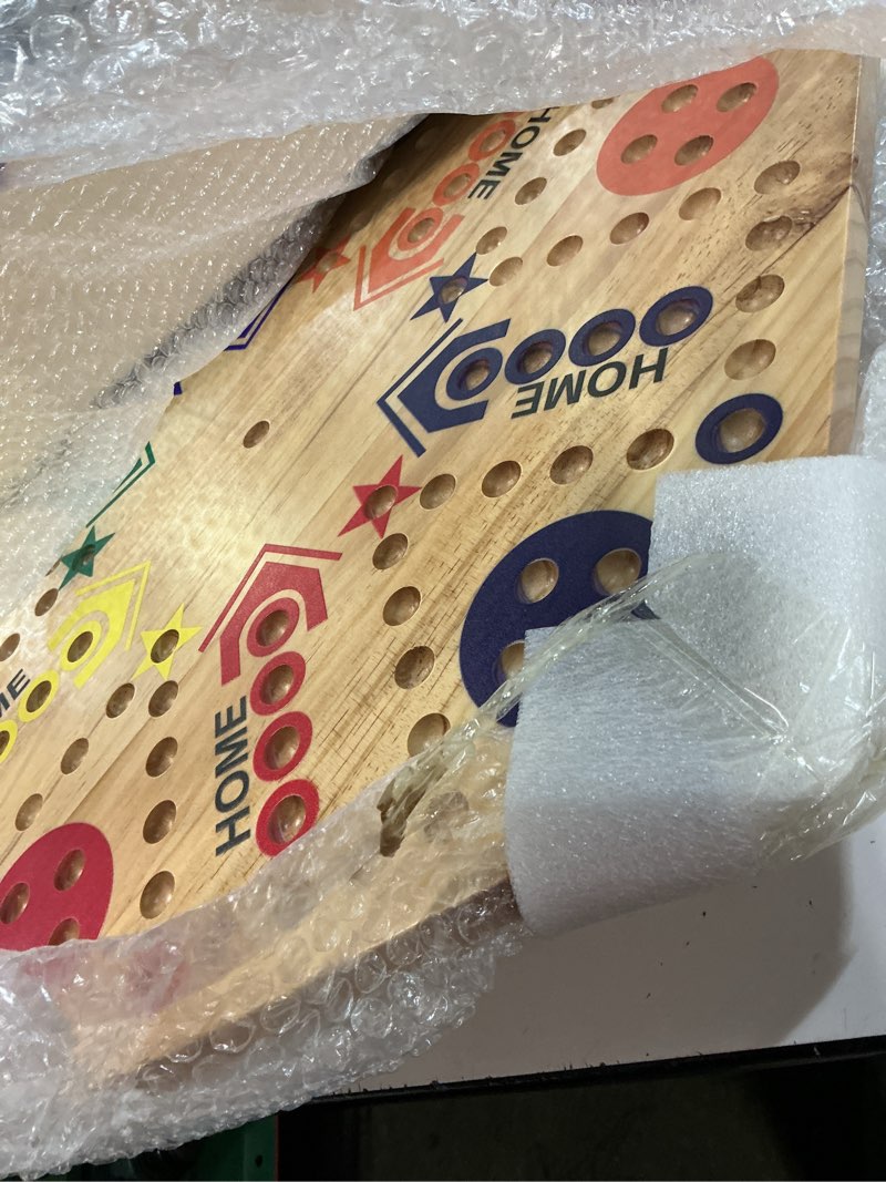 Condition photo showing Good Condition for wooden board game, board game original marble game double sided painted 2 to 6 player fast track wooden with 6 colors 24 marbles 6 dice for adults kids family(20 inch flame) 20 inch-flame