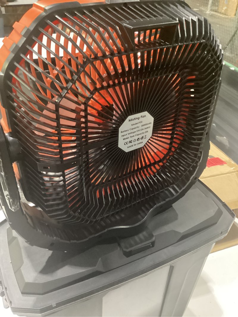 Condition photo showing As Is for ausic 5 gal 12" portable misting fan for outside patios, 30000mah outdoor rechargeable battery oscillating fan with remote, cooling camping dugout fan with light/timer/caster, summer essential orange caster