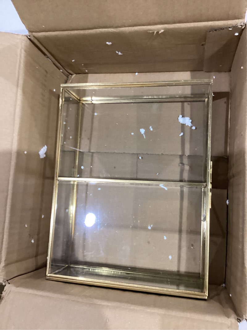 Condition photo showing Good Condition for JUXYES 2 Tiers Tabletop Glass Small Figurine Display Case for Collectibles with Latch Door, Modern Clear Hobby Display Case Box with Mirror Bottom, Gold Dust Proof Case for Figurines Trinket Crystal