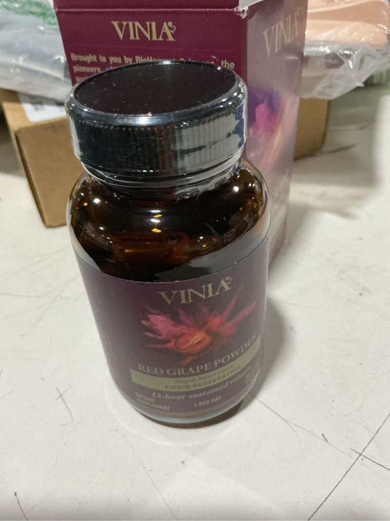 Condition photo showing New/Like New for vinia piceid resveratrol supplement capsules. increases blood flow and nitric oxide. blood pressure and heart health support | antioxidant from red grapes | non-gmo, 60 count 60 count (pack of 1)