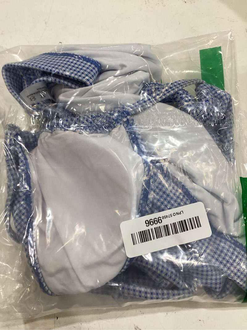 Condition photo showing New/Like New for zaful women's gingham bikini shorts set, halter y2k boyshort bikini two piece bathing suit shorts swimsuits for vacation large blue plaid