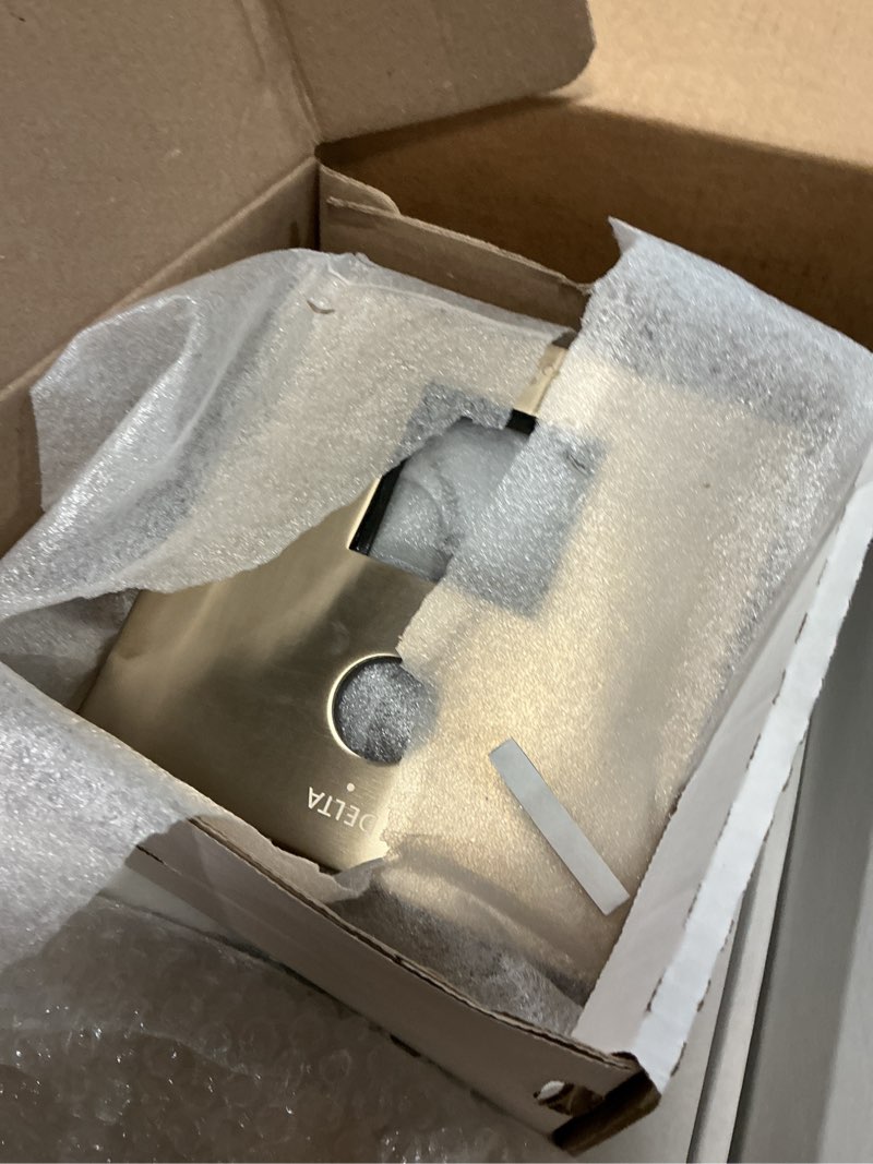 Condition photo showing As Is for Delta Modern 14 Series Square Rain Shower System Faucet Set, Rainfall Brushed Gold Shower Head and Handle Set, Valve Trim Kit, 10 Inch, Champagne Bronze 342701-CZ