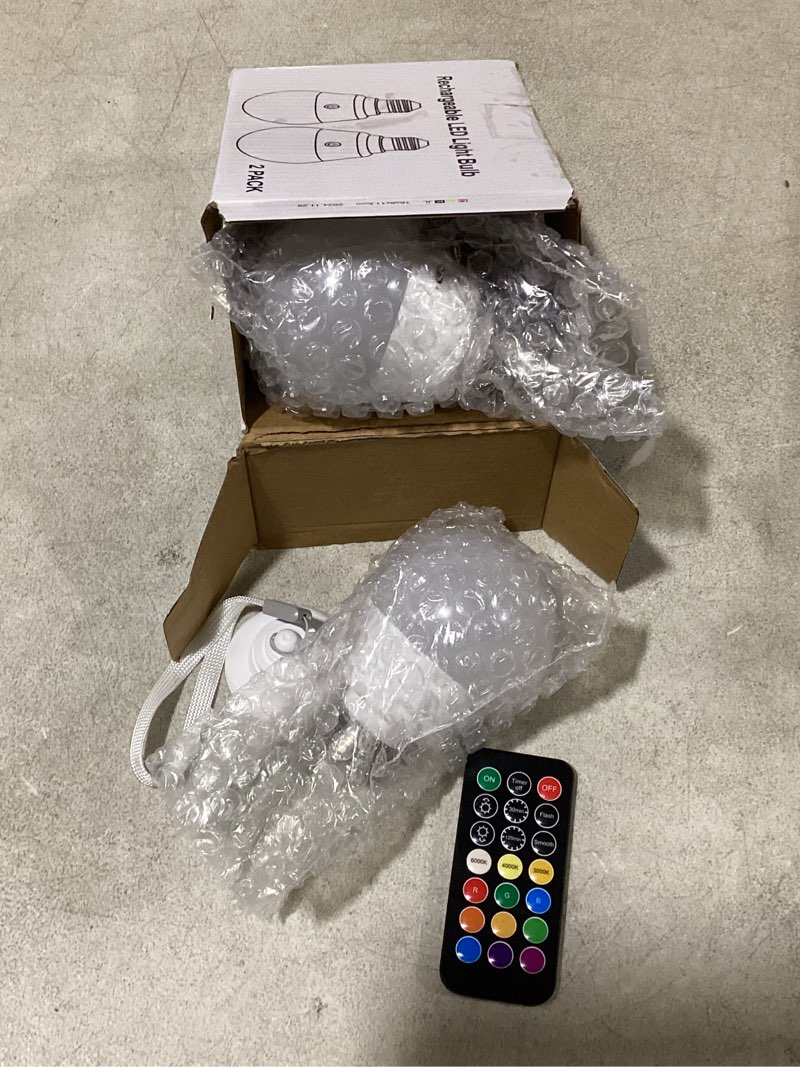 Condition photo showing New/Like New for brightown e26 rechargeable light bulb with remote and timer, battery backup bulb for sconces and lamps, magnetic bulbs for non-hardwired fixture, 3 color temperatures + 9 rgb colors, dimmable, 2 pack