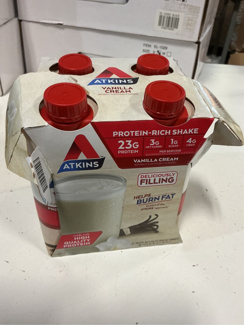 Condition photo showing New/Like New for bbd: 07/01/26 atkins vanilla cream meal size protein shake, 23g protein, low glycemic, 3g carb, 1g sugar, keto friendly 16.9 fl oz (pack of 12)