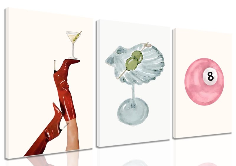 Framed Funky Martini Posters Wall Art Set of 3, Vintage Preppy Aesthetic Canvas Prints, Trendy Pink 