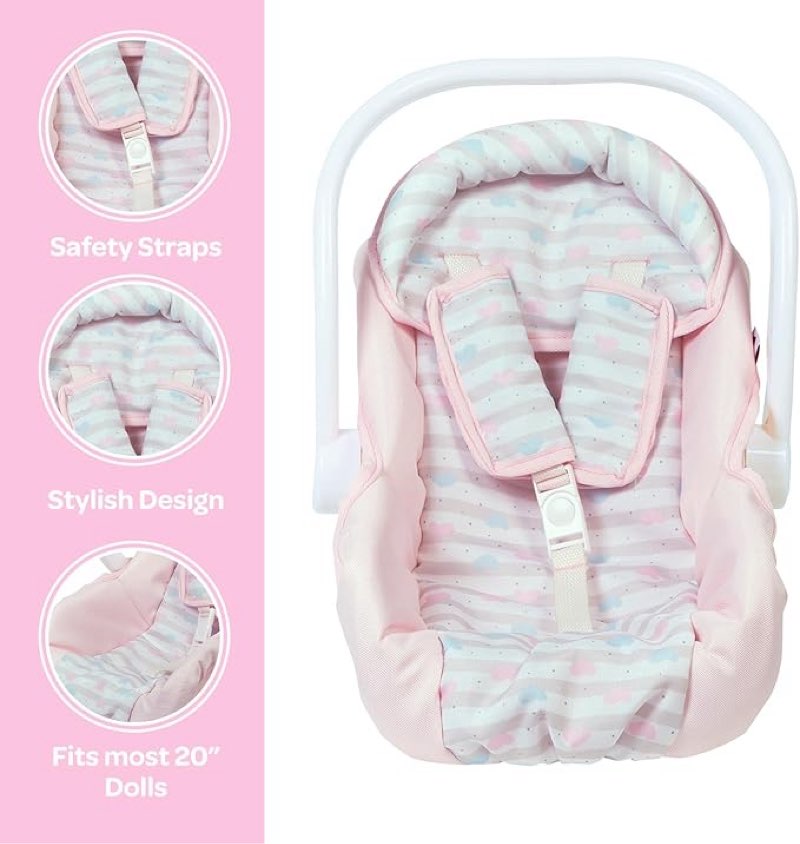 adora pastel pink doll car seat carrier - removable cover, machine washable,fits most dolls,plush animals up to 20 for ages 2 and up - pastel pink hearts (white handle)
