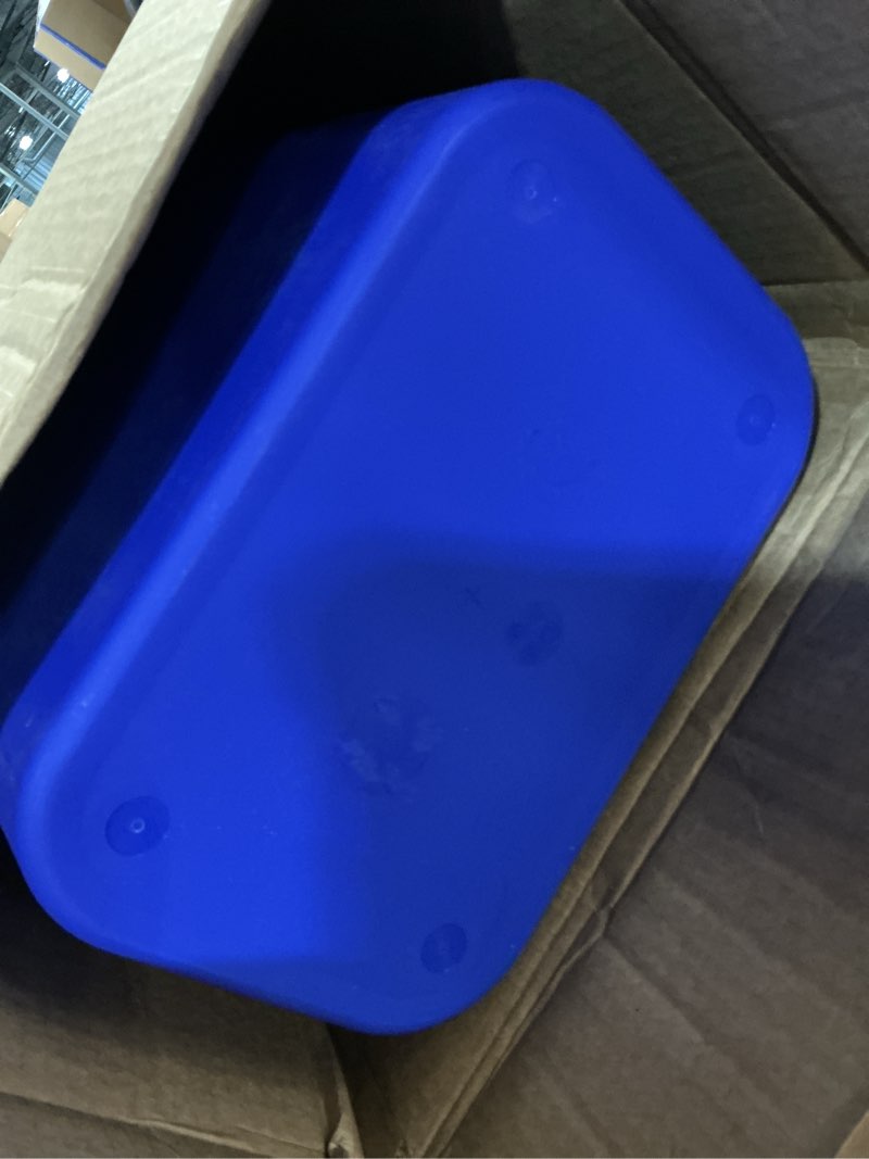 Condition photo showing As Is for amazon basics rectangular commercial office wastebasket, easy to clean, lightweight, 10 gallon, blue, recycle logo blue 10 gallon (pack of 1)