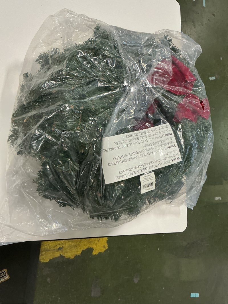 Condition photo showing Good Condition for Set of 3 Artificial Pre-Lit Balsam Pine Christmas Wreaths with Red Bows, 16 Inches, Battery Operated with Timers