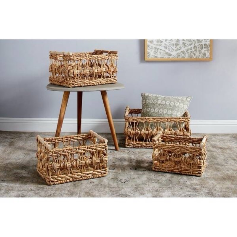 (SIMILAR ITEM) Studio 350 Rectangular Handwoven Water Hyacinth Wicker Baskets w/ Wooden Handles, Set of 4 