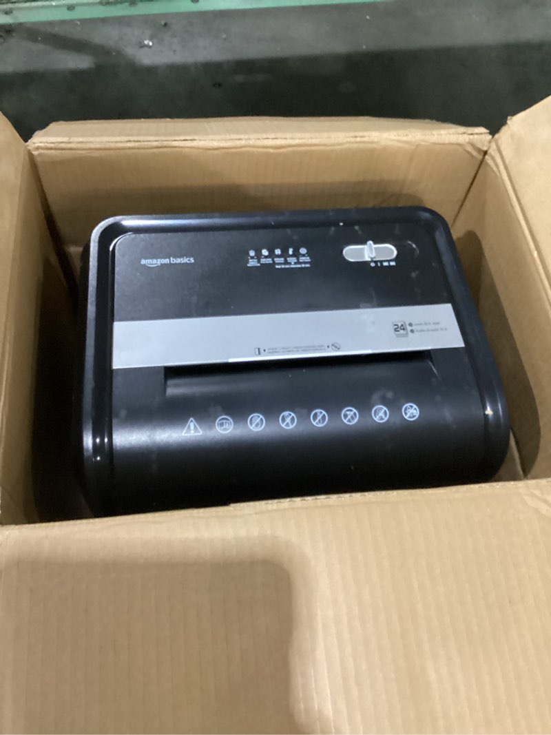 Condition photo showing As Is for Not tested Amazon Basics 24 Sheet Cross Cut Paper, CD and Credit Card Home Office Shredder with Pullout Basket, Black 24 Sheet Black