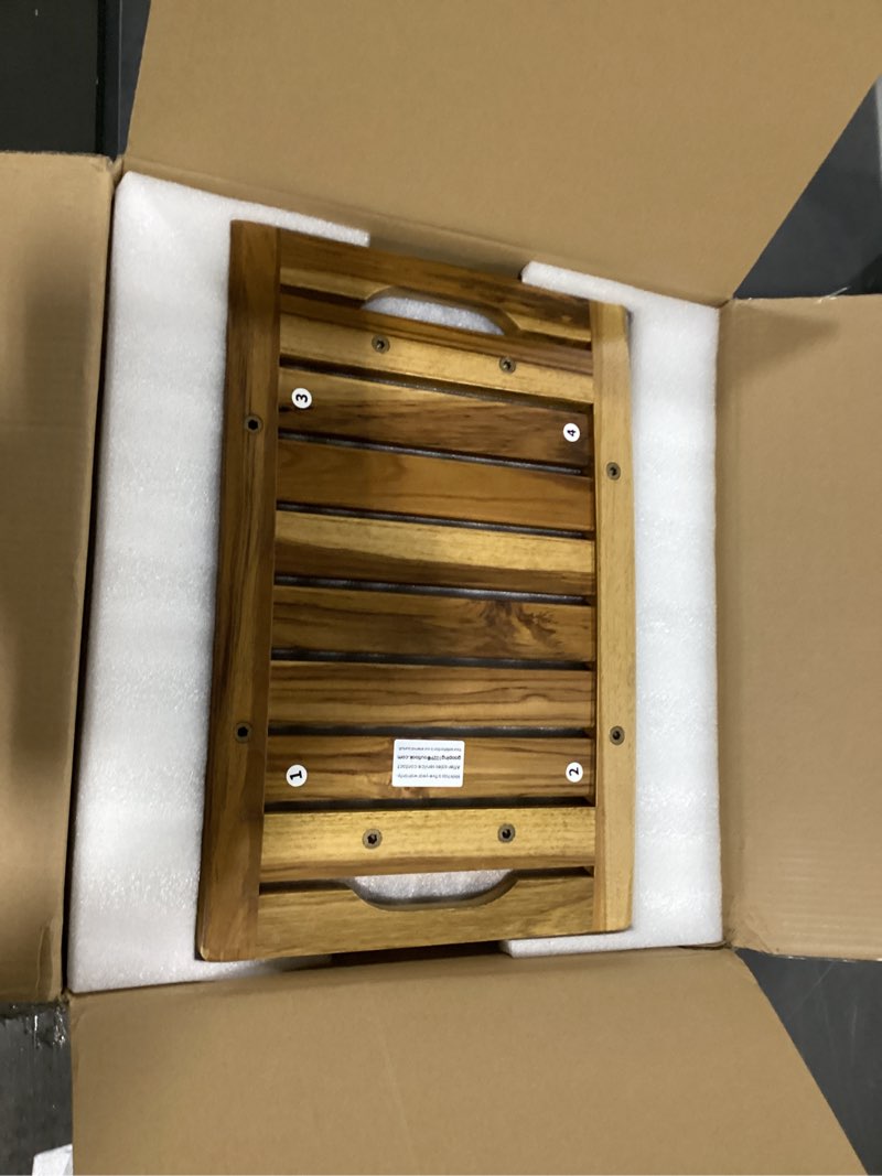 Condition photo showing Good Condition for 18" standard teak shower bench with shelf & handle - waterproof, non-slip bath stool, 300 lbs capacity - fits standard tubs/showers & outdoor use (patented) 18"w x 12" dx 18"h