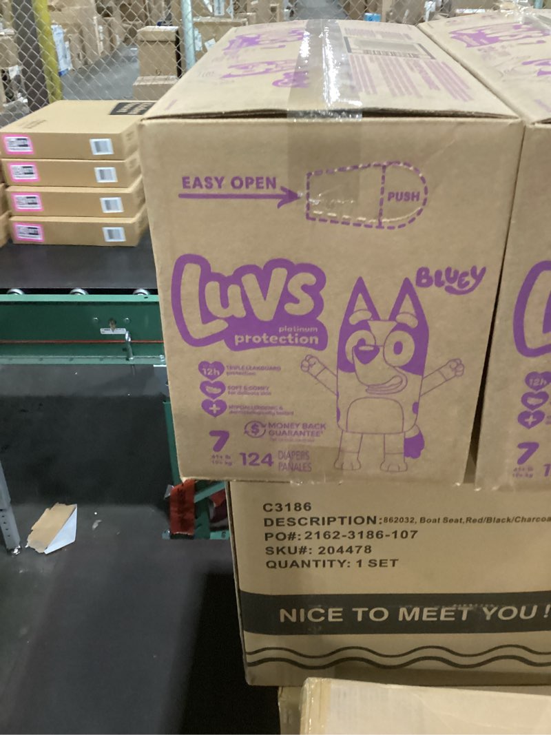Condition photo showing New/Like New for luvs size 7 baby diapers, platinum protection bluey diapers for day & night, size 7, 124 count (packaging may vary) size 7 124