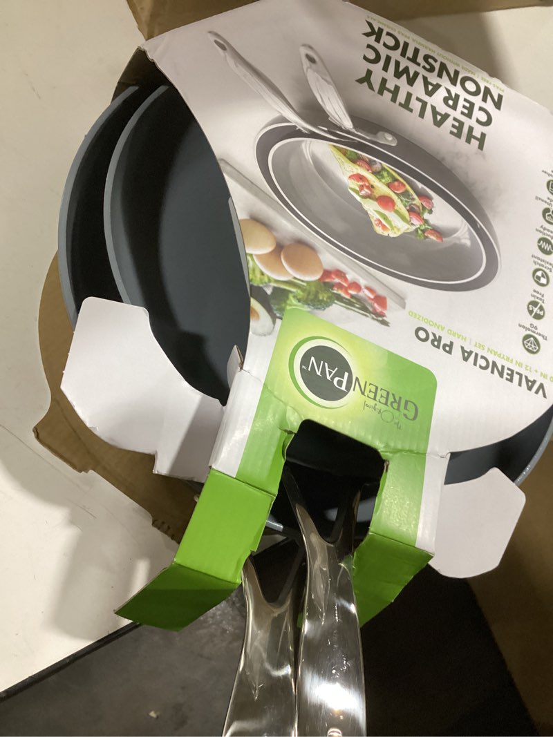 Condition photo showing Good Condition for GreenPan Valencia Pro Hard Anodized Healthy Ceramic Nonstick 10" and 12" Frying Pan Skillet Set, PFAS-Free, Induction, Dishwasher Safe, Oven Safe, Gray 10" and 12" Frying Pan Skillet Set Gray