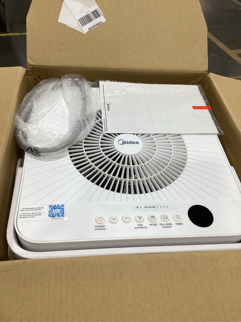 Condition photo showing As Is for midea cube 50 pint dehumidifier for basement and rooms at home for up to 4,500 sq. ft., built-in pump, drain hose included, smart control, works with alexa (white), energy star most efficient 2022 4,500 sq. ft. with pump
