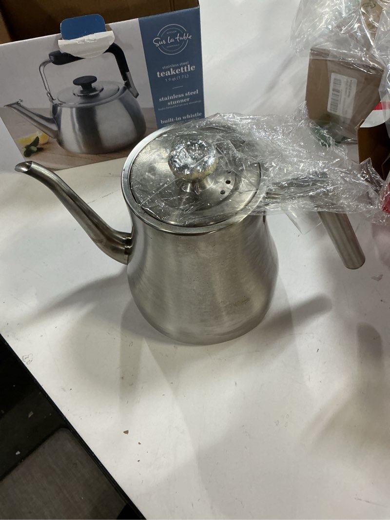 Condition photo showing Good Condition for 68OZ/2000ML Stainless Steel Teapot with Removable Infuser, Stovetop Safe Tea Maker Water Kettle for Loose Leaf & Tea Bags, Silver Side handle
