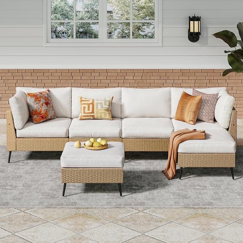 ((Incomplete))SUNCOZE 6 Pieces Outdoor Patio Furniture Sets, Outdoor Sectional Furniture PE Rattan Wicker Sofa Set, All Weather Patio Conversation Set with Cushion and Ottoman for Deck, Lawn and Pool