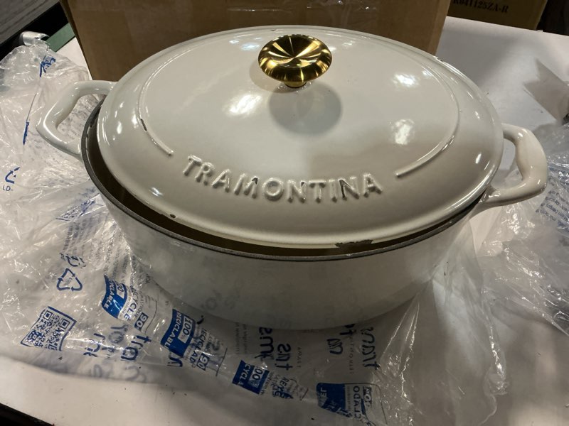 Condition photo showing As Is for tramontina enameled cast iron oval dutch oven pot with lid, large 7-quart, latte (gold knob)