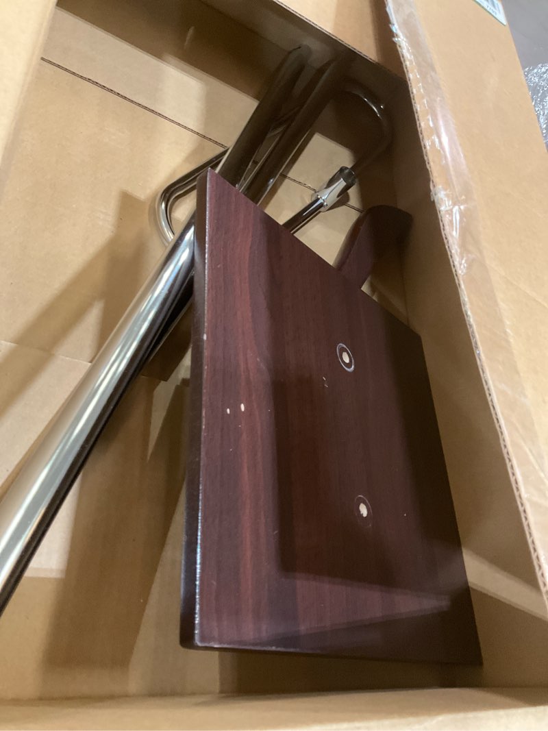 Condition photo showing As Is for MyGift Brown Wood and Metal Valet and Suit Stand, Executive Men's Garment Organizer Rack Coat and Pants Hanger Silvery