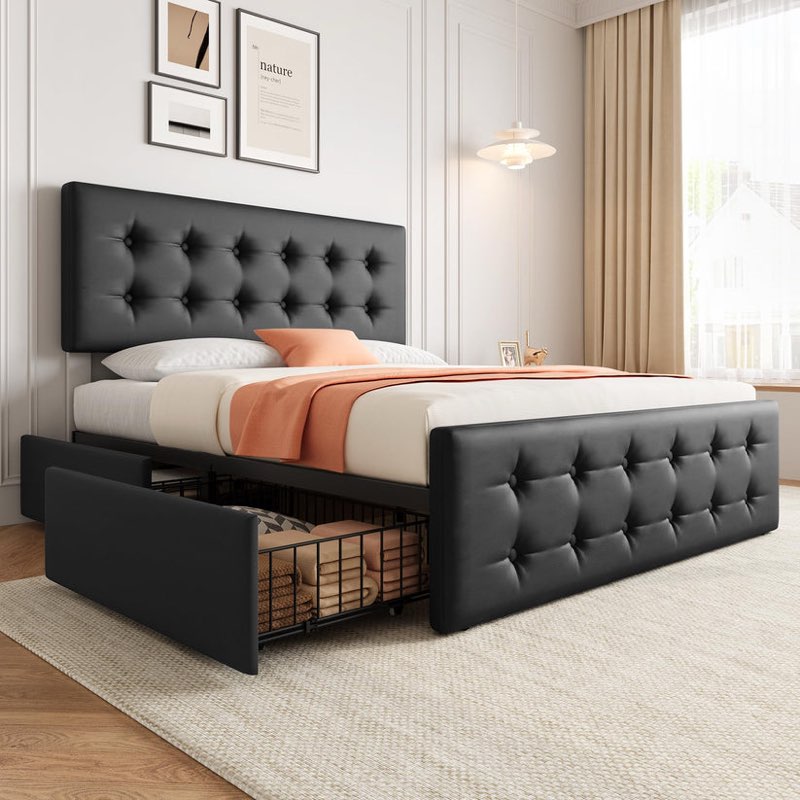 garvee queen size bed frame with 4 storage drawers and headboard, pu upholstered platform bed frame with stitched button tufted design, wooden slats support, no box spring needed, black