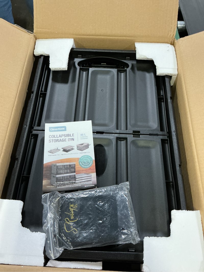 Condition photo showing Good Condition for CleverMade Collapsible Storage Bins - Obsidian 3 Pack 46L - Stackable Containers Heavy Duty Capacity Folding Crates - Space-Saving for Home Glossy Black - 46L - Pack of 3