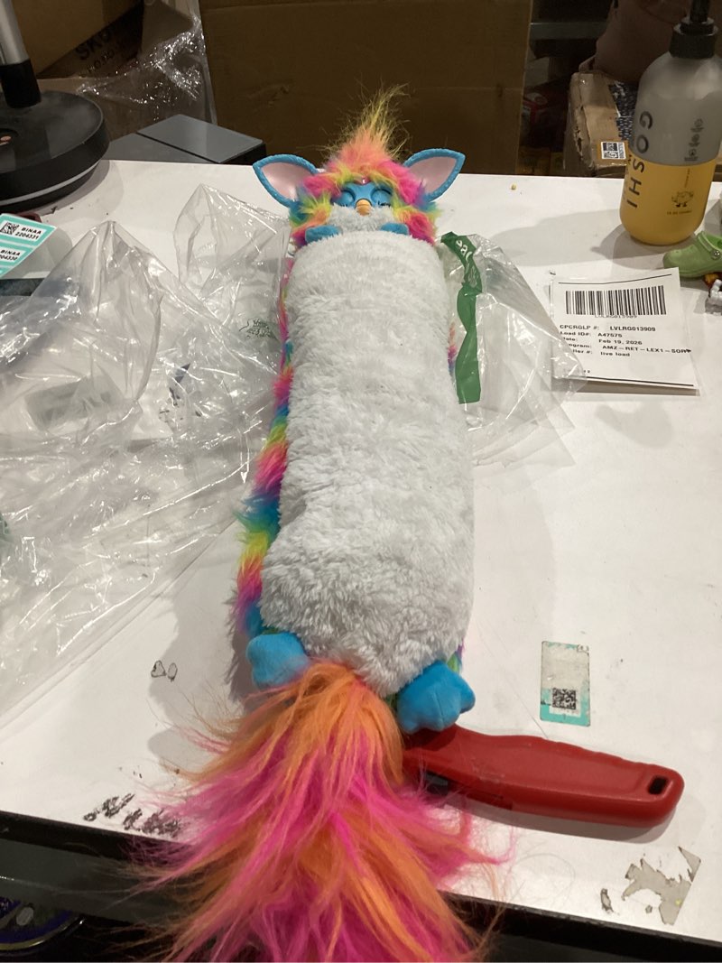 Condition photo showing As Is for furby dj interactive toy, super snuggly rainbow electronic plush with music, lights, motion, & games, speaks english & furbish, 32in long, ages 6+ dj furby