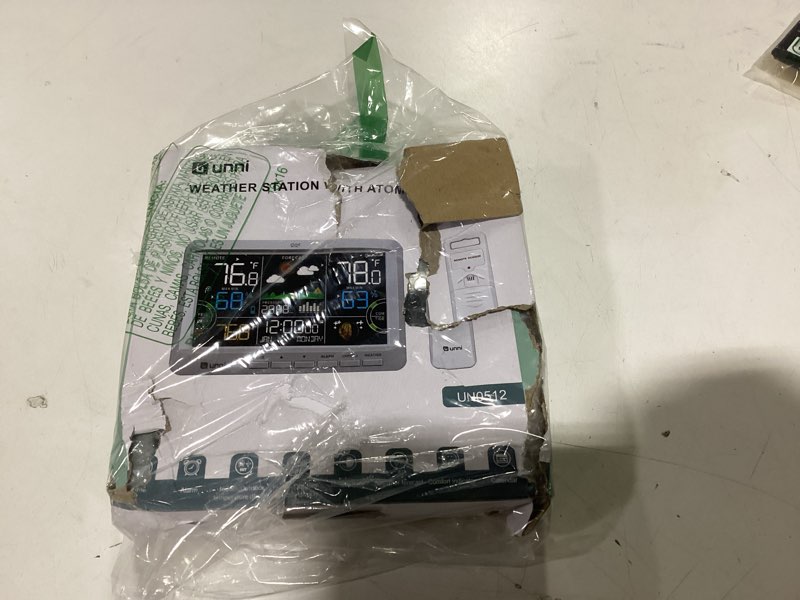 Condition photo showing As Is for weather station indoor outdoor thermometer wireless, home atomic clock with large constant display, inside outside temperature humidity monitor, dew heat point, barometer grey