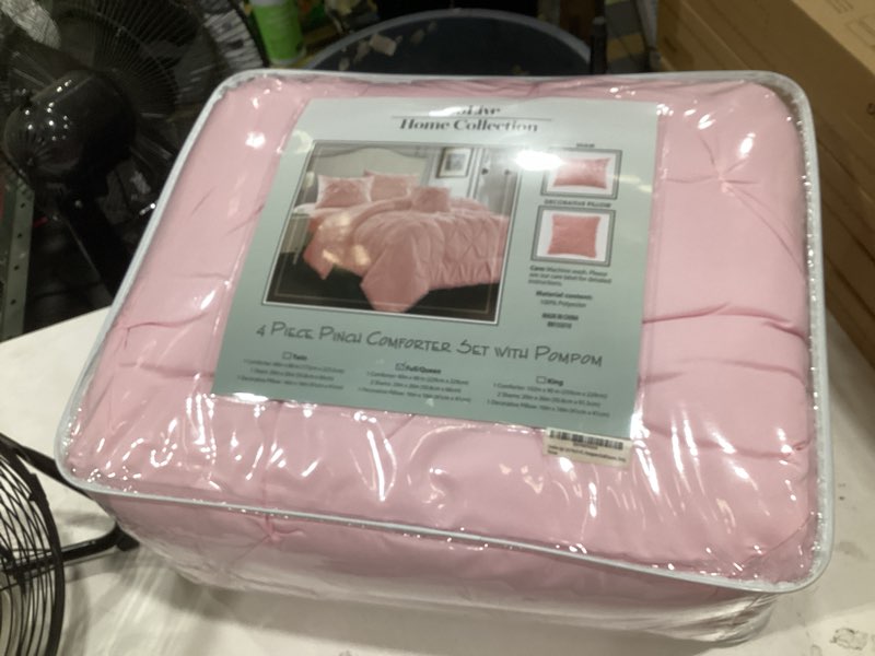 Condition photo showing New/Like New for evolive 4-piece pinch pleat comforter set with pompom fringe – pintuck down alternative bedding set, soft & fluffy all-season comforter with shams, elegant modern style (full/queen, pink) full/queen pink