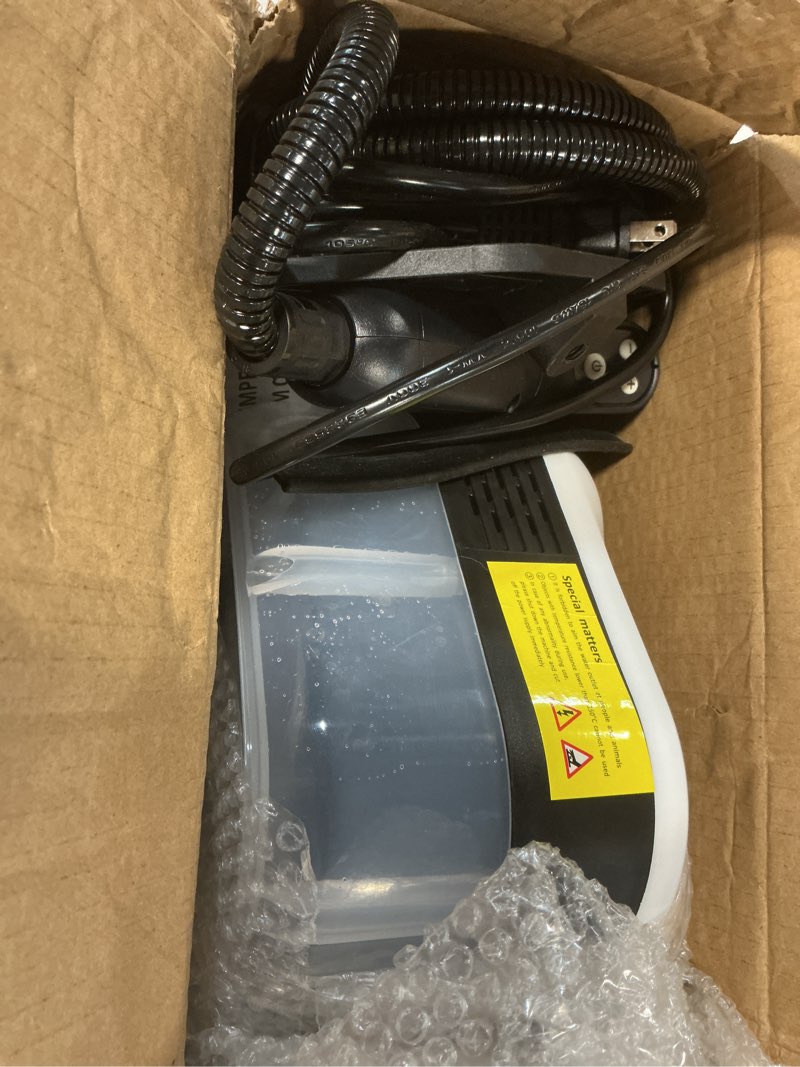 Condition photo showing As Is for pressurized handheld steam cleaner, portable steamer for cleaning with 1.2l large tank, 15s fast heat-up, 6-level adjustable, powerful steam cleaner for home, car, kitchen, tile, grout pearl white