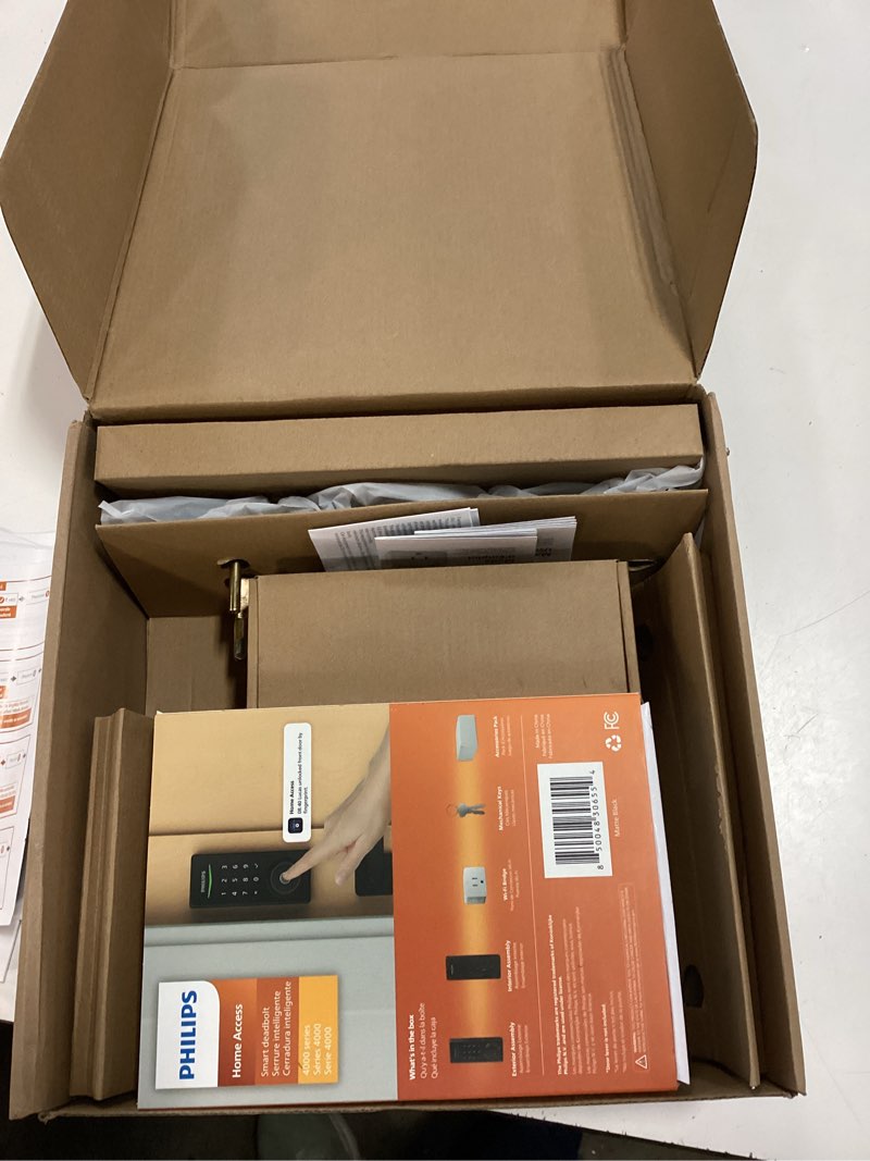 Condition photo showing New/Like New for philips wi-fi smart lock with handle, keyless entry keypad door lock with handle, front door deadbolt set with wifi gateway, app control, fingerprint unlock, pin code unlock, auto locking wi-fi lock set matte black