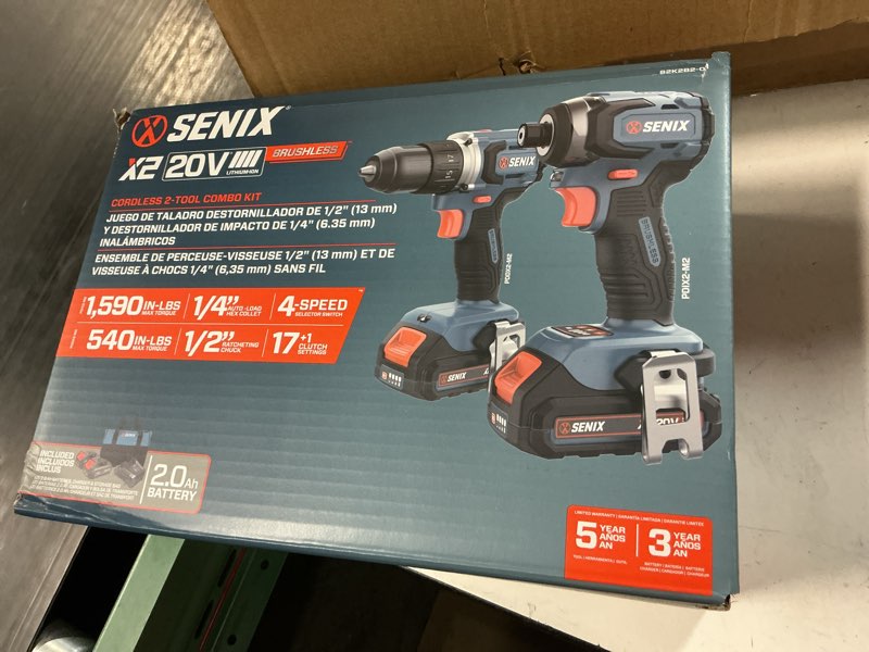 Condition photo showing New/Like New for senix x2 20-volt 2-tool brushless power tool combo kit with soft case (2-batteries included and charger included)