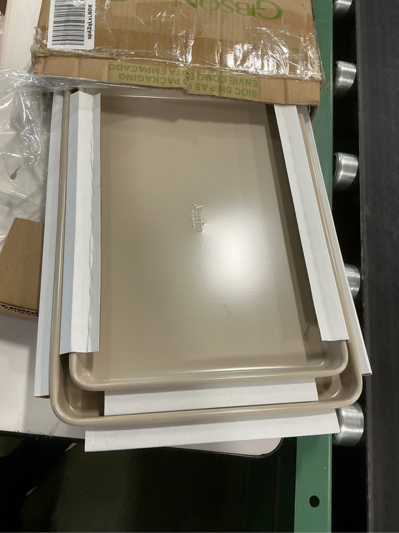 Condition photo showing Good Condition for Martha Stewart Gallen 3-Piece Cookie Sheet Set – 13\", 15\", 17\" Baking Pans, Ceramic Nonstick, PFA-Free, Carbon Steel – Oven Safe to 450°F, Warp-Resistant, Easy to Clean - Taupe