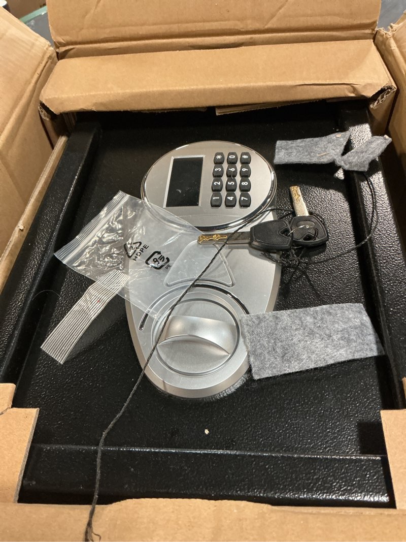 Condition photo showing Good Condition for Amazon Basics Steel Security Safe and Lock Box with Electronic Keypad, for Cash, Jewelry, Documents, Black, 0.5 Cubic Feet, 13.8" W x 9.8" D x 9.8" H