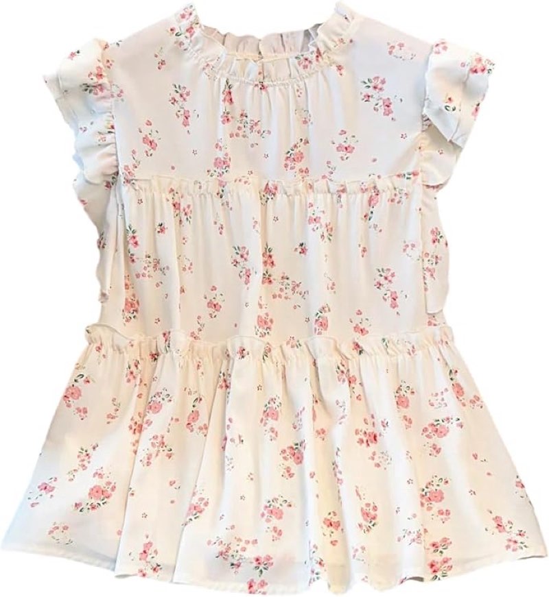 SOLY HUX Women's Floral Ruffle Cap Sleeve Summer Tops Frill Mock Neck Casual Boho Blouse Blue and Wh