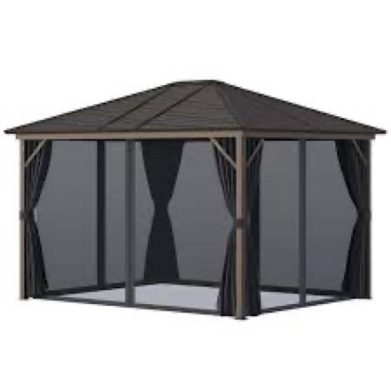 ((Incomplete)) Hardtop Gazebo, Outdoor Polyester Double Roof Canopy, Steel Frame Permanent Pavilion With Curtains And Netting, Sunshade For Garden, Lawns Size: 120\\\" H x 120\\\" W x 108\\\" D, Roof Color: Gray