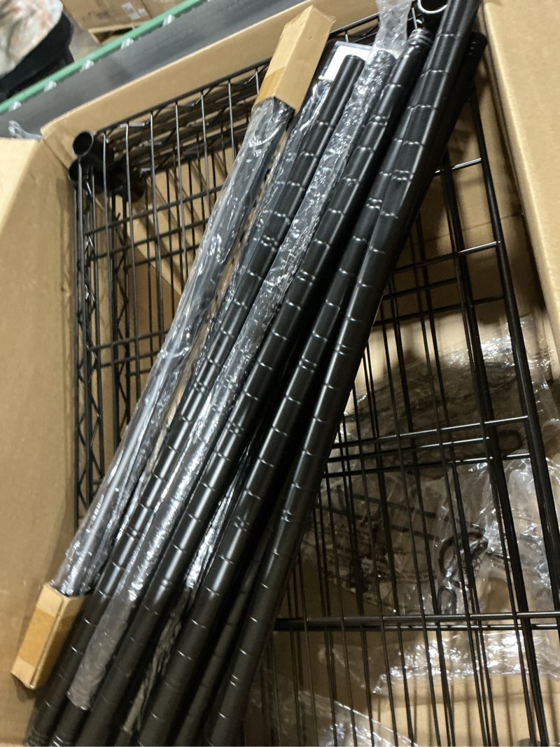 Condition photo showing As Is for (Incomplete) Amazon Basics 4-Shelf Adjustable, Heavy Duty Storage Shelving Unit on 3'' Wheel Casters, Metal Organizer Wire Rack, 36\" L x 14\" W x 57.75\" H, Black 4-Shelf Black