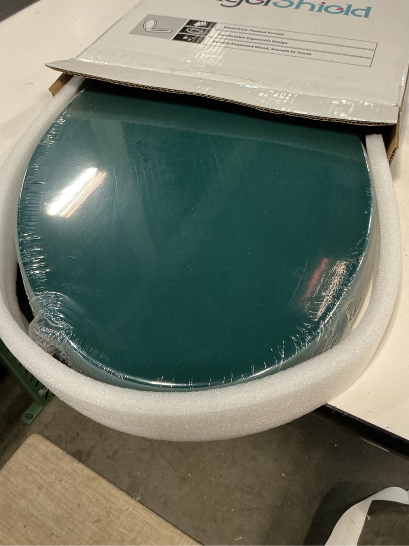 Condition photo showing New/Like New for dark green elongated toilet seat natural wood toilet seat with zinc alloy hinges, easy to install also easy to clean, scratch resistant toilet seat by angol shiold (elongated, dark green) elongated dark green