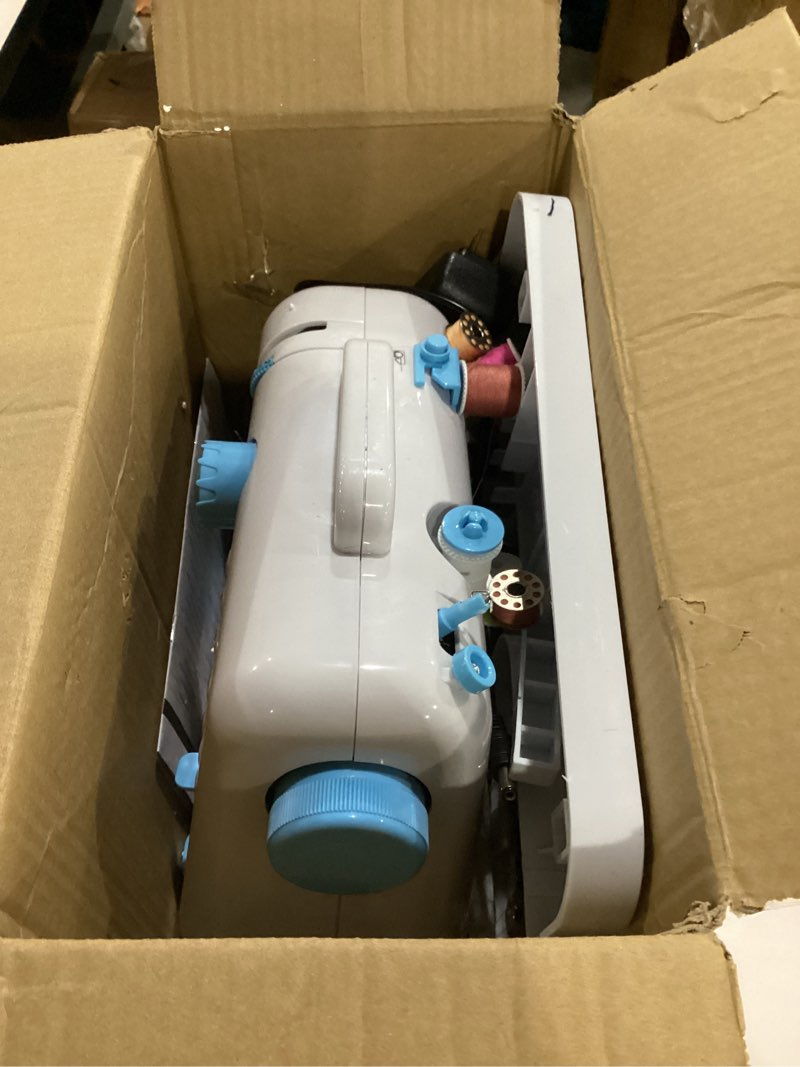 Condition photo showing As Is for not tested**** sewing machine for beginners with extension table portable large heavy duty sewing machines kit supplies 12 built-in stitches with needles assorted thread kit starter kit easiest for adult and kids white and blue