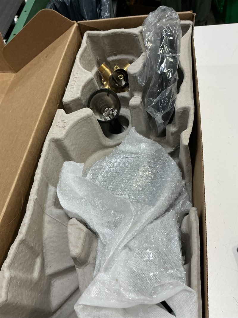 Condition photo showing As Is for moen engage magnetix matte black multi-function handshower and rainfall shower head trim combo with shower handle, tub spout, metal hose, and valve, 82304bl