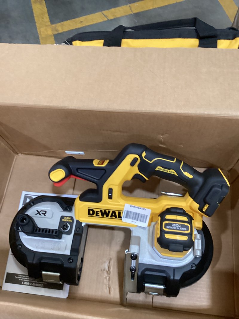 Condition photo showing As Is for dewalt 20v max xr dual trigger bandsaw, brushless motor, portable and cordless, 3-3/8 inch cut capacity, bare tool only .incomplete